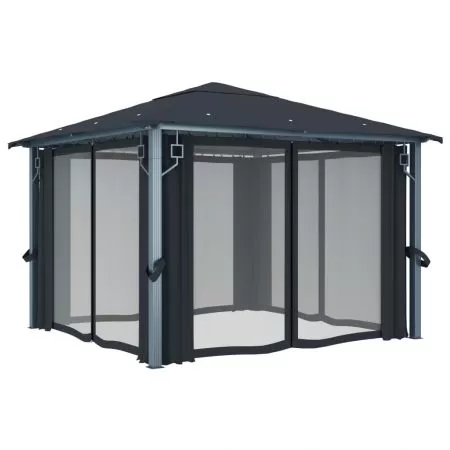 Pavilion cu perdele & siruri lumini LED antracit 3x3 m aluminiu, antracit, 300 x 300 cm