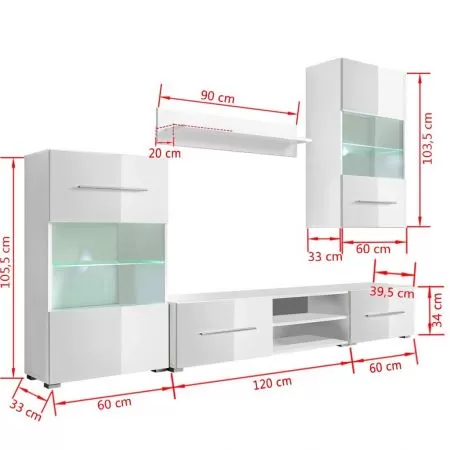 Set mobilier comoda TV de perete, 5 piese, alb, 2.4 x 40 x 195 cm