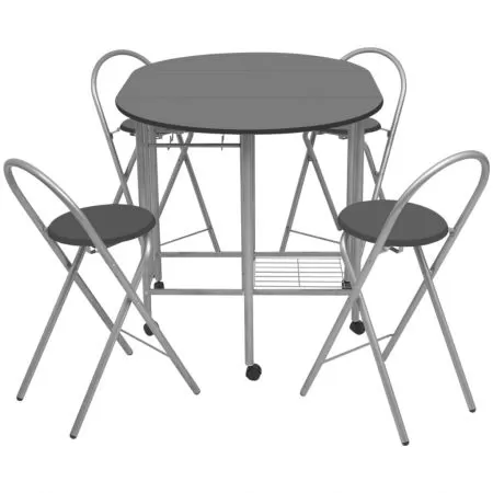 Set 5 piese masa si scaune de bucatarie pliante MDF, negru, 80 x 80 x 79 cm