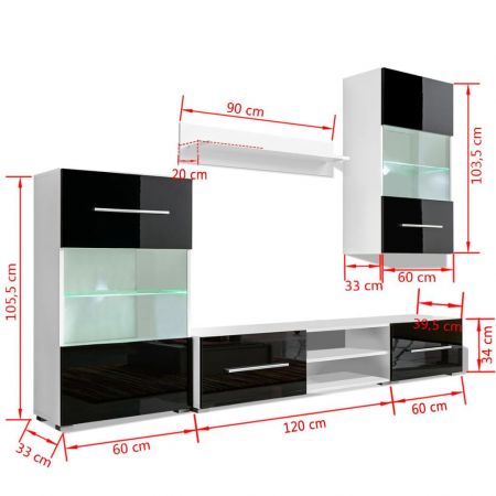 Set mobilier comoda TV de perete, 5 piese, negru, 2.4 x 40 x 195 cm