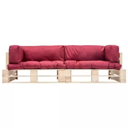 Set canapea gradina paleti cu perne rosii, 2 piese, natural si rosu, 220 x 66 x 65 cm