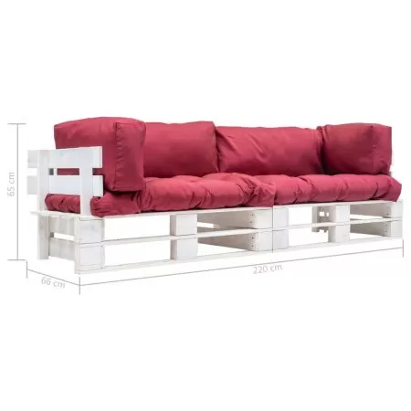 Set canapea gradina paleti perne rosii, 2 piese, alb si rosu, 220 x 66 x 65 cm