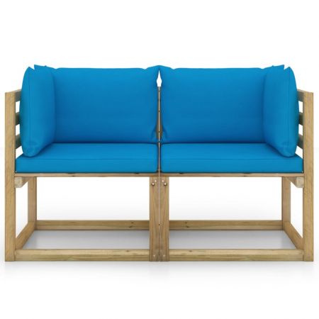 Canapele coltar gradina cu perne 2 buc. lemn pin verde tratat, albastru