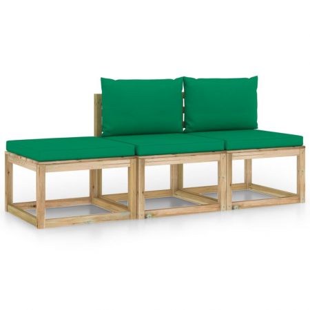 Set mobilier de gradina cu perne verzi, 3 piese, maro