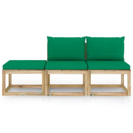 Set mobilier de gradina cu perne verzi, 3 piese, maro