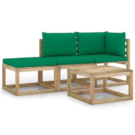 Set mobilier de grădină, 4 piese, cu perne verzi