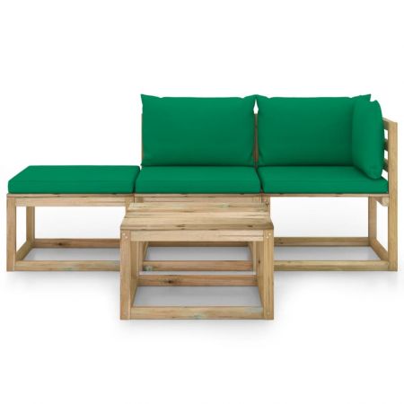 Set mobilier de grădină, 4 piese, cu perne verzi