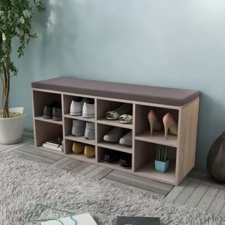 Banchetă de depozitare pantofi, 10 compartimente, culoare stejar 