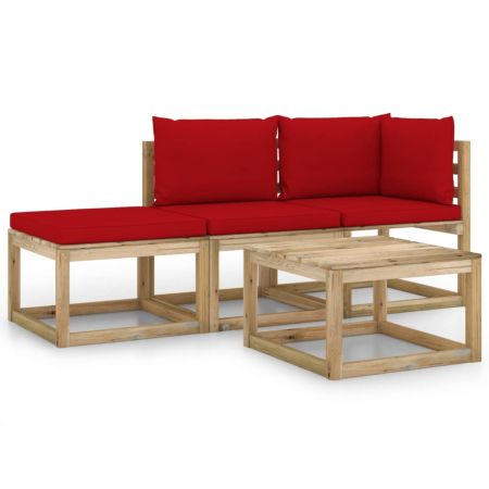 Set mobilier de gradina cu perne rosii, 4 piese, maro