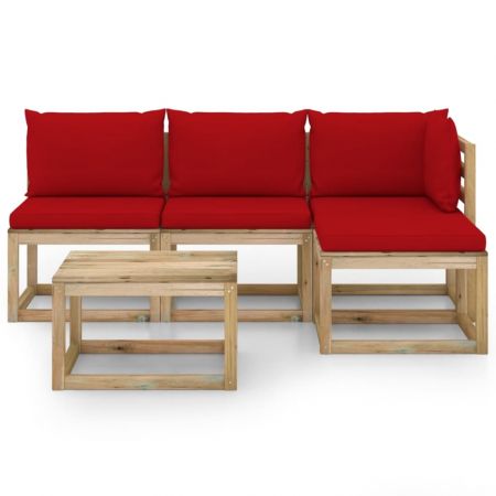 Set mobilier de grădină, 5 piese, cu perne roșii