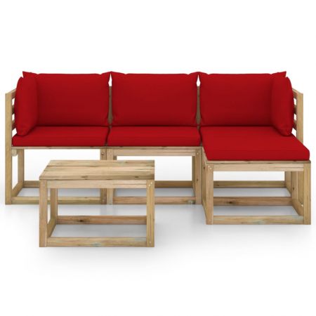 Set mobilier de gradina cu perne rosii, 5 piese, maro