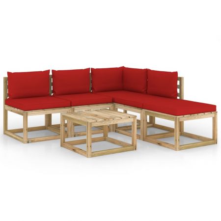 Set mobilier de grădină, 6 piese, cu perne roșii