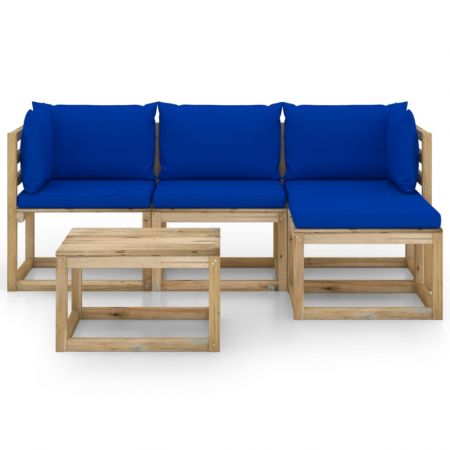 Set mobilier de grădină, cu perne albastre, 5 piese