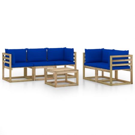 Set mobilier de gradina cu perne albastre, 6 piese, maro