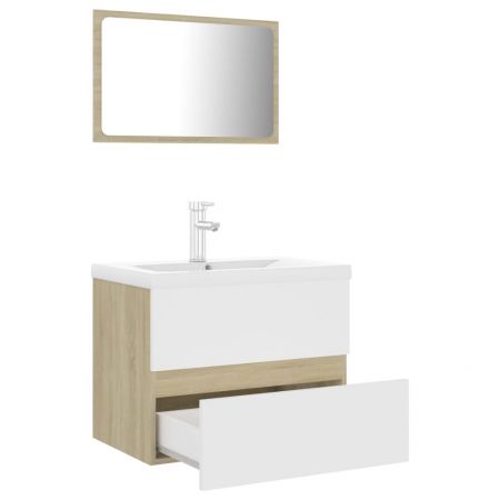 Set mobilier de baie, alb si stejar sonoma, 60 x 38.5 x 45 cm