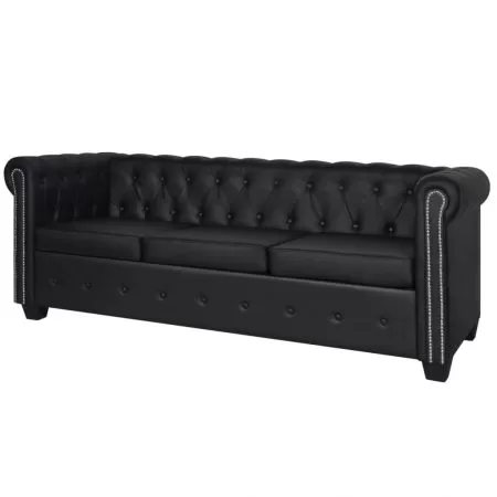 Canapea Chesterfield cu 3 locuri, piele artificială, negru  