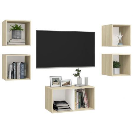 Set de dulapuri TV, 5 piese, alb si stejar sonoma, 37 x 37 x 72 cm