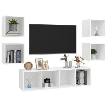 Set de dulapuri TV, 5 piese, alb, lemn prelucrat