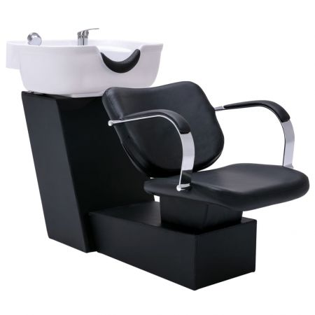 Unitate de șamponare cu scaun de salon, piele ecologică, cu lavoar alb