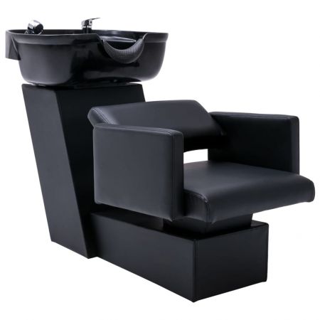 Unitate de șamponare cu scaun negru de salon, piele ecologică, cu lavoar negru