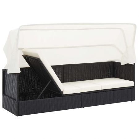 Canapea de gradina cu copertina, alb si negru, 205 x 62 x 70 cm