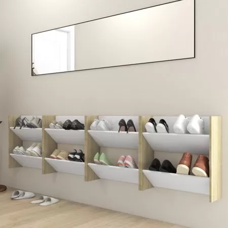 Set 4 bucati pantofare de perete, alb si stejar sonoma, 60 x 18 x 60 cm