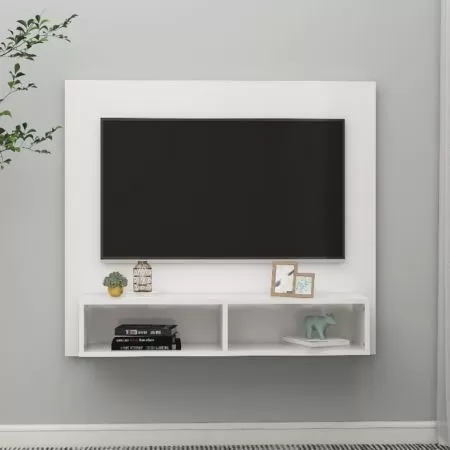 Dulap TV montat pe perete alb extralucios 102x23.5x90 cm PAL, alb lucios, 102 x 23.5 x 90 cm