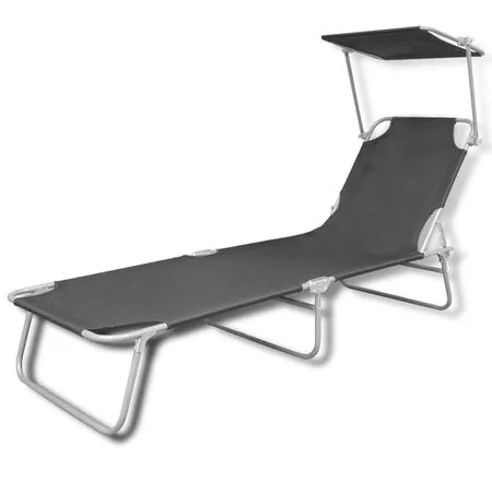  Șezlong de plajă pliabil cu baldachin negru metal & țesătură
