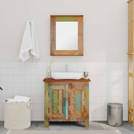 Set dulap de baie din lemn masiv reciclat, cu oglindă
