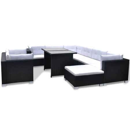  Set mobilier de grădină cu perne, 10 piese, negru, poliratan