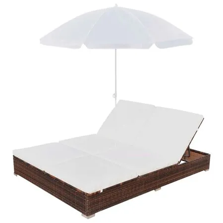 Pat șezlong de exterior cu umbrelă, maro, poliratan 