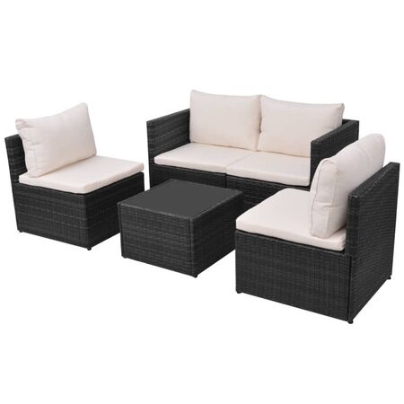  Set mobilier de grădină cu perne, 5 piese, negru, poliratan