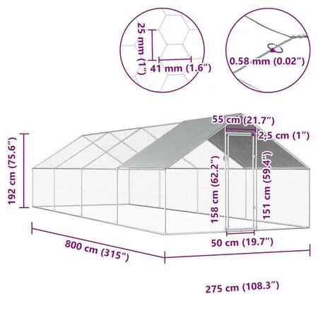  Coteț de păsări pentru exterior, 2,75x8x1,92m, oțel galvanizat  