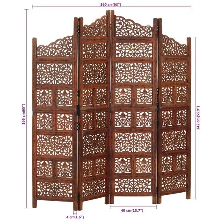  Paravan cameră sculptat manual 4 panouri maro 160x165 cm mango