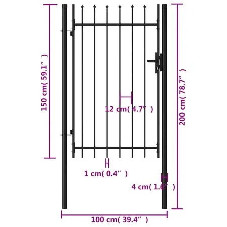  Poartă de gard cu o ușă, vârf ascuțit, negru, 1 x 1,5 m, oțel