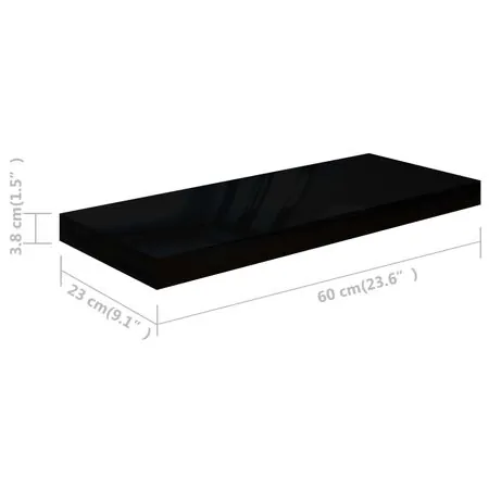  Raft de perete suspendat negru extralucios, 60x23,5x3,8 cm, MDF
