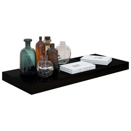  Raft de perete suspendat negru extralucios, 60x23,5x3,8 cm, MDF