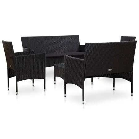  Set mobilier de grădină cu perne, 5 piese, negru, poliratan