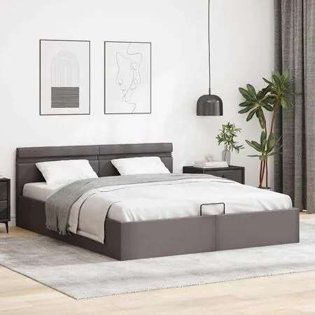  Cadru pat hidraulic, depozitare, LED, gri, 160x200 cm piele eco 