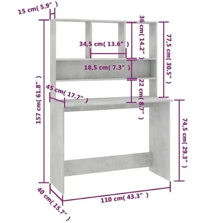  Birou cu rafturi, gri beton, 110x45x157 cm, PAL