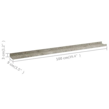  Rafturi de perete, 2 buc., gri beton, 100x9x3 cm