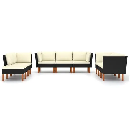  Set mobilier de grădină cu perne, 9 piese, negru, poliratan