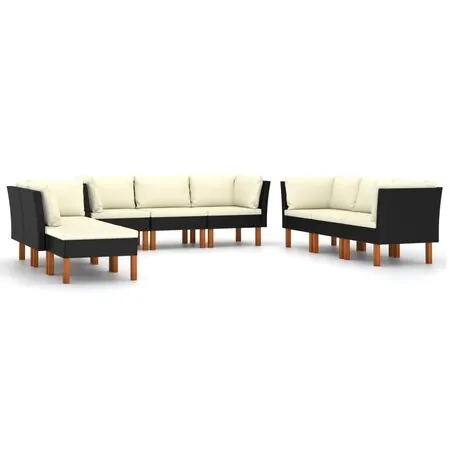  Set mobilier de grădină cu perne, 9 piese, negru, poliratan