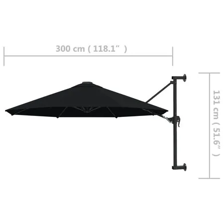  Umbrelă de soare de perete cu stâlp metalic, negru, 300 cm