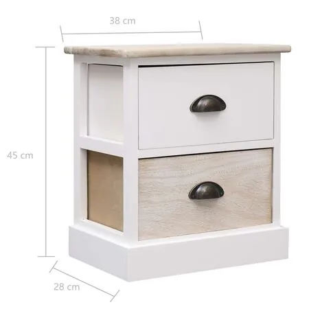  Noptiere, 2 buc., alb & natural, 38x28x45 cm, lemn paulownia