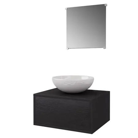  Set mobilier baie 4 piese cu chiuvetă și robinet incluse, Negru