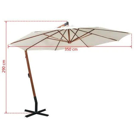  Umbrelă de soare suspendată cu stâlp de lemn, 350 cm, alb
