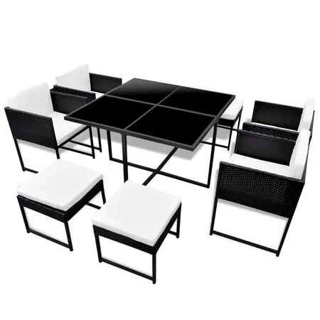  Set mobilier de exterior cu perne, 9 piese, negru, poliratan