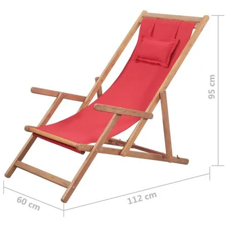  Scaun de plajă pliabil, roșu, textil și cadru din lemn