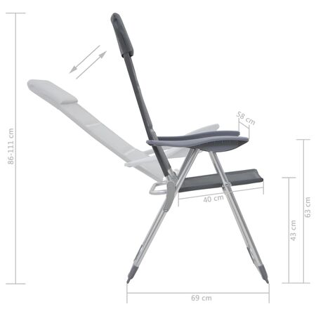  Scaun de camping, 2 buc, gri, 58 x 69 x 111 cm, aluminiu
